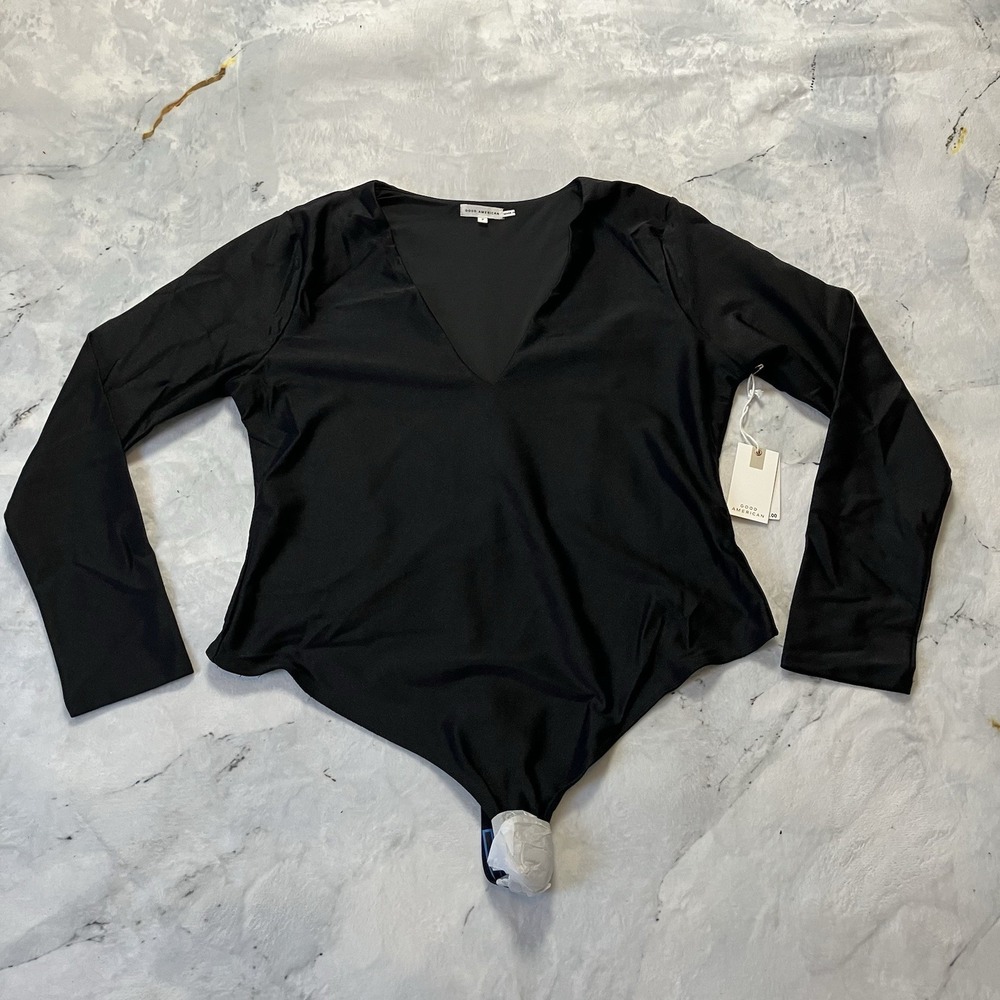 NWT Good American Disco Bodysuit Size 7 4XL Black V Neck Long Sleeve